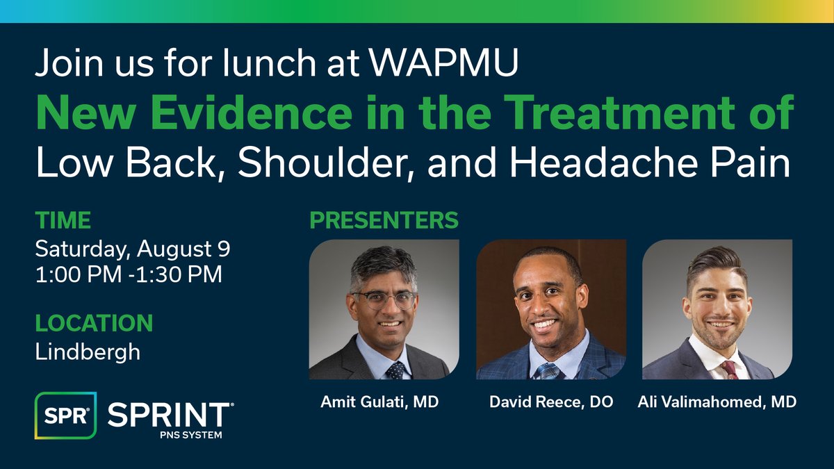 Join us for lunch at <a href="/WAPMUScot/">World Academy of Pain Medicine United (WAPMU)</a> Summer Meeting.

Hear from our faculty experts, Drs. Amit Gulati, David Reece, &amp; Ali Valimahomed on the latest data in the treatment of low back, shoulder, and headache pain.

DETAILS
📅 Sat., Aug 9
🕐 1:00 PM - 1:30 PM
📍 Lindbergh

#WAPMU2025