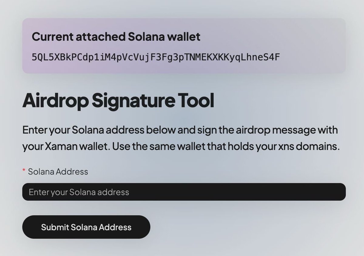 We’ve had a few questions come in about Solana address submissions.

To make it easier, we’ve added a new status field - you can now see your attached Solana address right in the dashboard.

Thousands have already completed it.
Check yours here: app.xrpns.com/wallet/airdrop