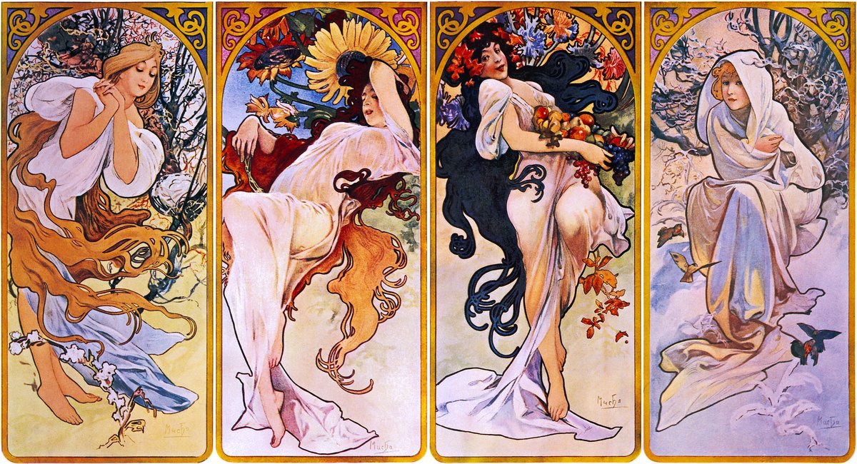 Cropped print of four panels each depicting one of the four seasons personified by a woman #artbots #mucha