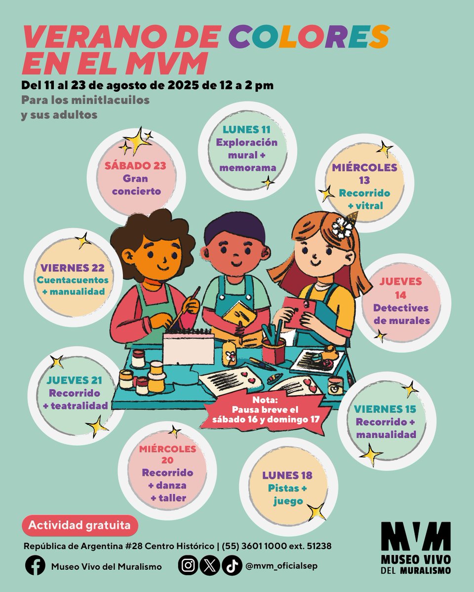 Llega el #VeranoDeColores al #MVM. 🎨

Del 11 al 23 de agosto no te pierdas cuentacuentos, exploradores, lotería, danza e historias.💃
Y para el gran cierre, prepárate para un concierto muy especial con la Sinfonía de Juguetes. 🎶
Para niñas y niños +6 con sus adultos 👨‍👩‍👧