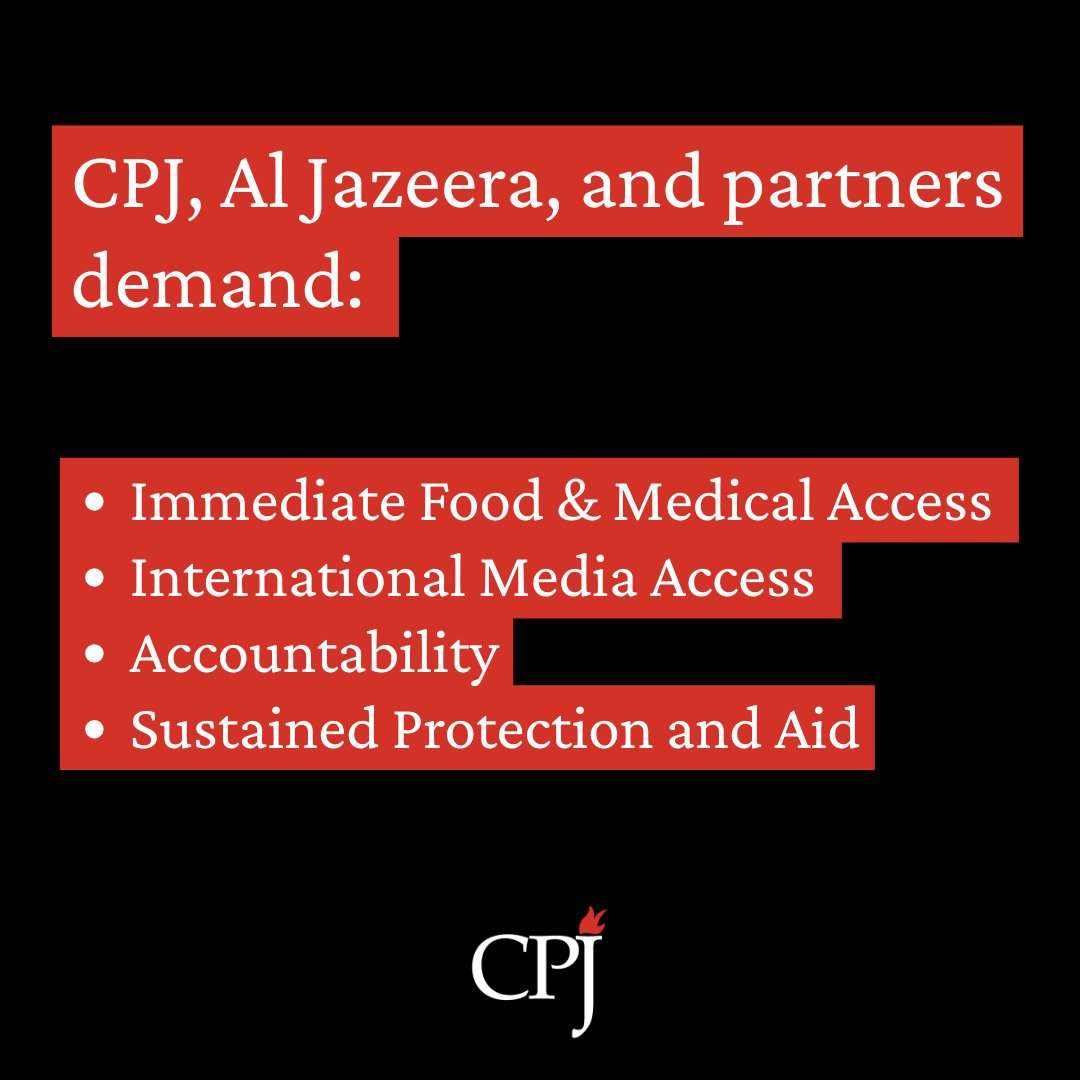 Committee to Protect Journalists (@pressfreedom) on Twitter photo Journalists in #Gaza are being starved to death. Not metaphorically. Not slowly. But deliberately, while the world watches.
CPJ, <a href="/AJEnglish/">Al Jazeera English</a>, and partners demand an end to this forced starvation and targeting of journalists in Gaza by Israel. Read our letter: Journalists in #Gaza are being starved to death. Not metaphorically. Not slowly. But deliberately, while the world watches.
CPJ, <a href="/AJEnglish/">Al Jazeera English</a>, and partners demand an end to this forced starvation and targeting of journalists in Gaza by Israel. Read our letter: