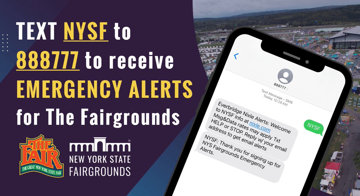 📱 NEW for #NYSFair 2025: Stay in the know while you’re on the go!

Text NYSF to 888777 to get real-time alerts on weather, safety, &amp; more 🚨🌦️

Peace of mind, right in your pocket. 💛