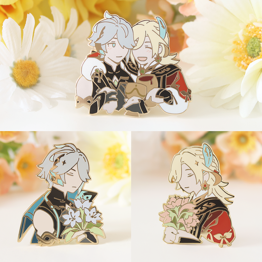 kaveh &amp; alhaitham pins, now available in my sh0p! I suffered for these photos, hope I was able to capture just how lovely they turned out 💖

#kaveh #alhaitham #haikaveh #kavetham