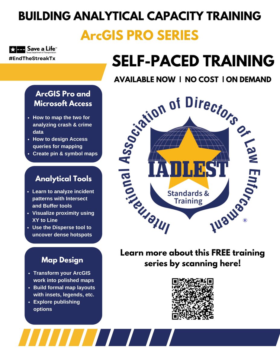 🚨 FREE TRAINING! 🚨
Get started with the ArcGIS Pro Series, a self-paced &amp; on demand course!

🧭 Map crash/crime data
📊 Analyze patterns &amp; hotspots
🗺️ Design polished maps

Start here: buff.ly/NeYEFQz 

#EndTheStreakTx #FreeTraining #CrimeAnalysis