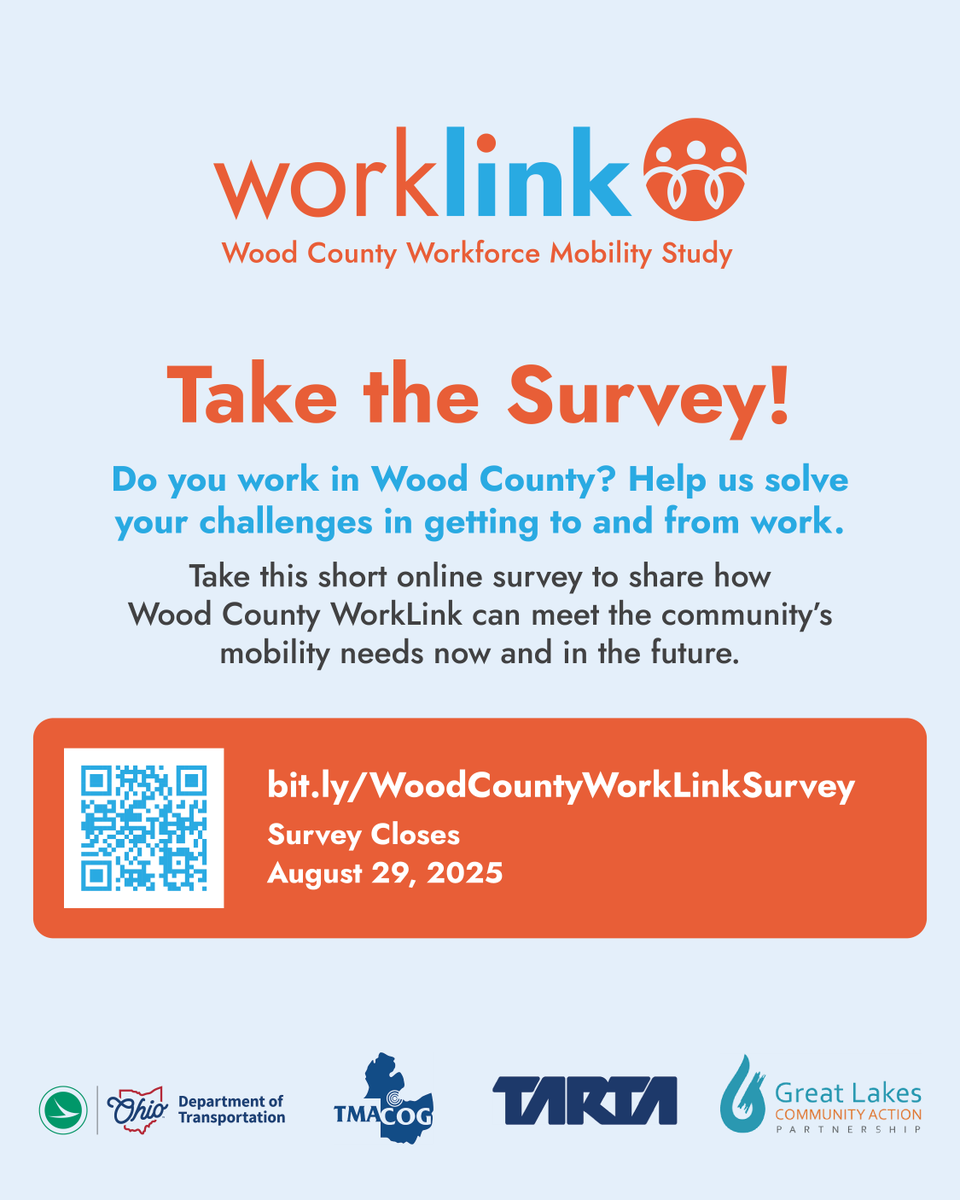 Introducing WorkLink! We're studying how transit can better support workers and job access in Wood County. Whether you drive or use transit, your input will help guide future improvements.
If you work in Wood County, share your thoughts at bit.ly/WoodCountyWork…