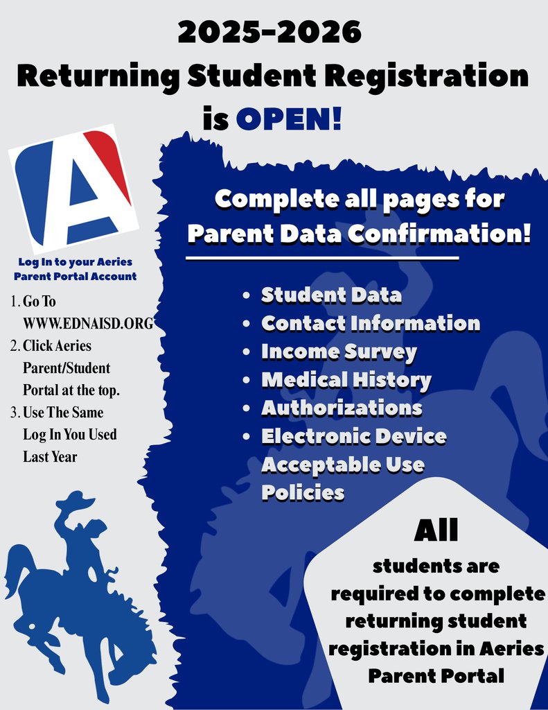 📢 Returning Student Registration is OPEN!
Complete your student's forms in the Aeries Parent Portal to get their class schedules and important info.
🔗 ednaisd.aeries.net/student/LoginP…
🗓️ Don’t wait—complete your forms today!