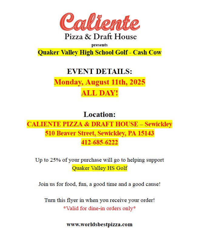 Plan a delicious meal at Caliente on Monday, 8/11!!  Partial proceeds benefit the QVHS Golf team!!  *dine in only! 💛⛳️🖤