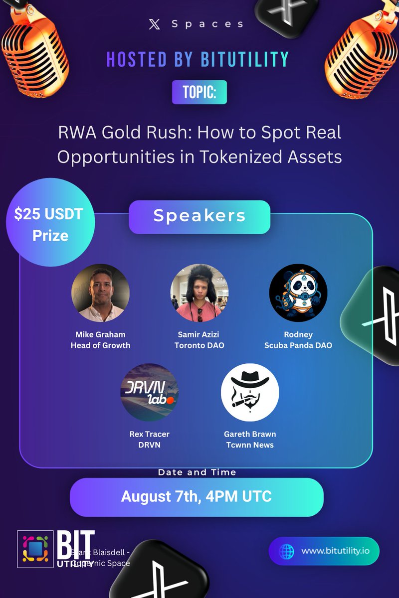 BitUtility (@bitutilityx) on Twitter photo π¨ Space + $25 $USDT Giveaway π¨
πͺ RWA Gold Rush: How to Spot Real Opportunities in Tokenized Assets
ποΈ August 7th, 4:00 PM UTC
π₯ Speakers:
πΈMike Graham - <a href="/MikegCrypto/">Mike Graham</a> | Head of Growth
πΈRex Tracer | Founder at <a href="/DRVNlabo/">DRVN</a>
πΈRodney - | COO of <a href="/ScubaPandaDAO/">Scuba Panda DAO</a>
πΈSamir Azizi - π¨ Space + $25 $USDT Giveaway π¨
πͺ RWA Gold Rush: How to Spot Real Opportunities in Tokenized Assets
ποΈ August 7th, 4:00 PM UTC
π₯ Speakers:
πΈMike Graham - <a href="/MikegCrypto/">Mike Graham</a> | Head of Growth
πΈRex Tracer | Founder at <a href="/DRVNlabo/">DRVN</a>
πΈRodney - | COO of <a href="/ScubaPandaDAO/">Scuba Panda DAO</a>
πΈSamir Azizi -