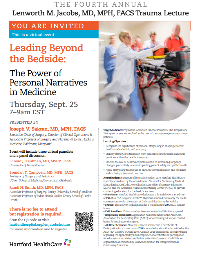 Ariel Santos (@traumamd1) on Twitter photo Invitation from Dr. Lissauer: 4th Annual Lenworth M Jacobs Trauma Lecture <a href="/HartfordHealthC/">Hartford HealthCare</a>
<a href="/JosephSakran/">Joseph Sakran</a> will discuss “Leading Beyond the Bedside: The Power of Personal Narratives in Medicine” on Thursday, Sept. 25, 2025 7am EST. FREE CME. Visit hartfordhospital.org/lenjacobslectu… Invitation from Dr. Lissauer: 4th Annual Lenworth M Jacobs Trauma Lecture <a href="/HartfordHealthC/">Hartford HealthCare</a>
<a href="/JosephSakran/">Joseph Sakran</a> will discuss “Leading Beyond the Bedside: The Power of Personal Narratives in Medicine” on Thursday, Sept. 25, 2025 7am EST. FREE CME. Visit hartfordhospital.org/lenjacobslectu…