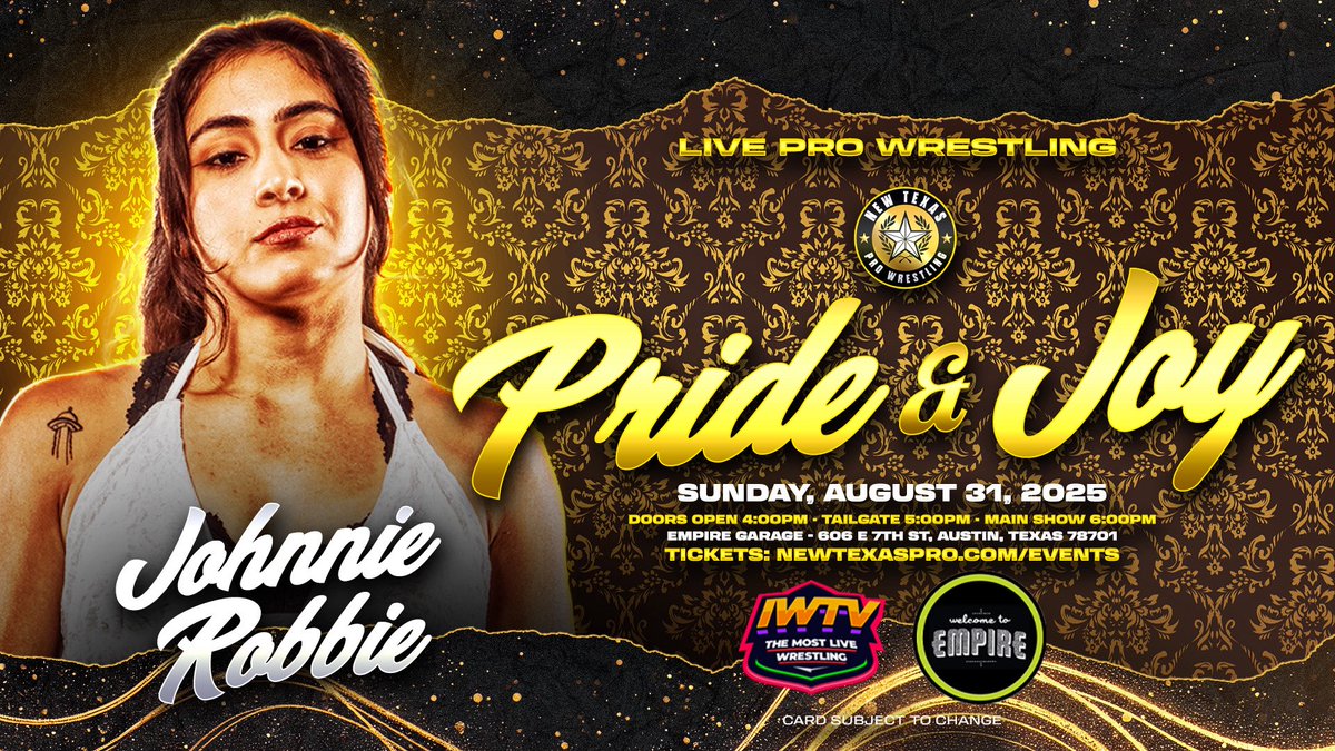 New Texas Pro Wrestling (@newtexaspw) on Twitter photo ❗️TALENT ANNOUNCEMENT❗️
<a href="/johnnieRobbiee/">Johnnie🎭 ジョニー・ロビー</a> RETURNS to New Texas on Sunday, August 31 live from <a href="/EmpireATX/">Empire Control Room</a> in Austin!
Already Announced:
- Carter BlaQ
- VertVixen
- 1 Called Manders
- Judas Icarus
- Adam Priest
- Brick Savage
- Izzy James
- Maya World
- Danny Orion
+ so ❗️TALENT ANNOUNCEMENT❗️
<a href="/johnnieRobbiee/">Johnnie🎭 ジョニー・ロビー</a> RETURNS to New Texas on Sunday, August 31 live from <a href="/EmpireATX/">Empire Control Room</a> in Austin!
Already Announced:
- Carter BlaQ
- VertVixen
- 1 Called Manders
- Judas Icarus
- Adam Priest
- Brick Savage
- Izzy James
- Maya World
- Danny Orion
+ so