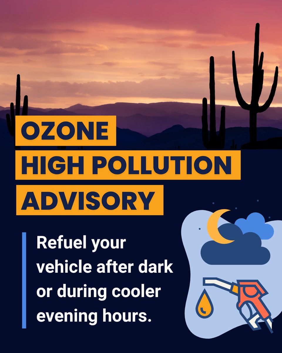 An Ozone High Pollution Advisory has been issued for Thursday, August 7. You can help reduce ground-level ozone pollution by opting to reduce drive time, telework when possible, and fuel your vehicle after dark. To learn more, visit Maricopa.gov/AQCommit