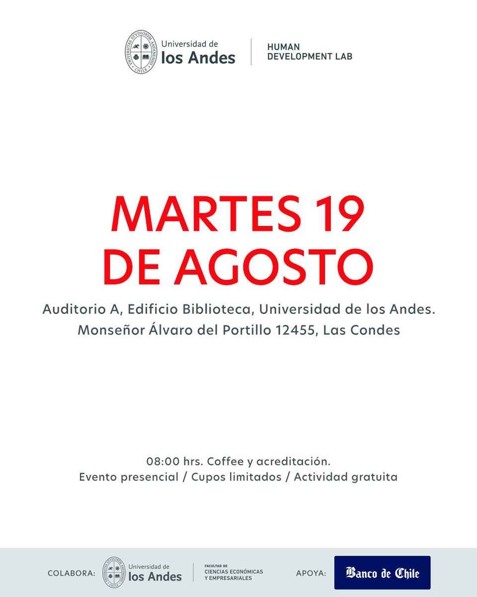 🎓 Seminario | Universidades Altamente Selectivas

📅 19 de agosto, 08:30 h 
📍Auditorio A, Biblioteca, UANDES
🎤Carlos Peña, Jesse Rothstein, Francisco Gallego y José Antonio Guzmán
🎙Modera <a href="/andres_bafer/">Andrés Barrios Fernández</a> 
🔗Inscripciónes: surl.li/xaogbx