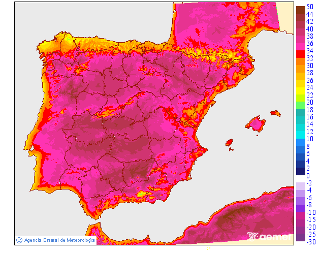 Jornadas de calor intenso por delante en la Península.
Para hacernos una idea, estas son las temperaturas máximas previstas para mañana y el viernes.
Tan solo se salvarán en puntos altos de montaña y algunas aŕeas costeras.
El calor intenso seguirá, como mínimo, hasta el martes.