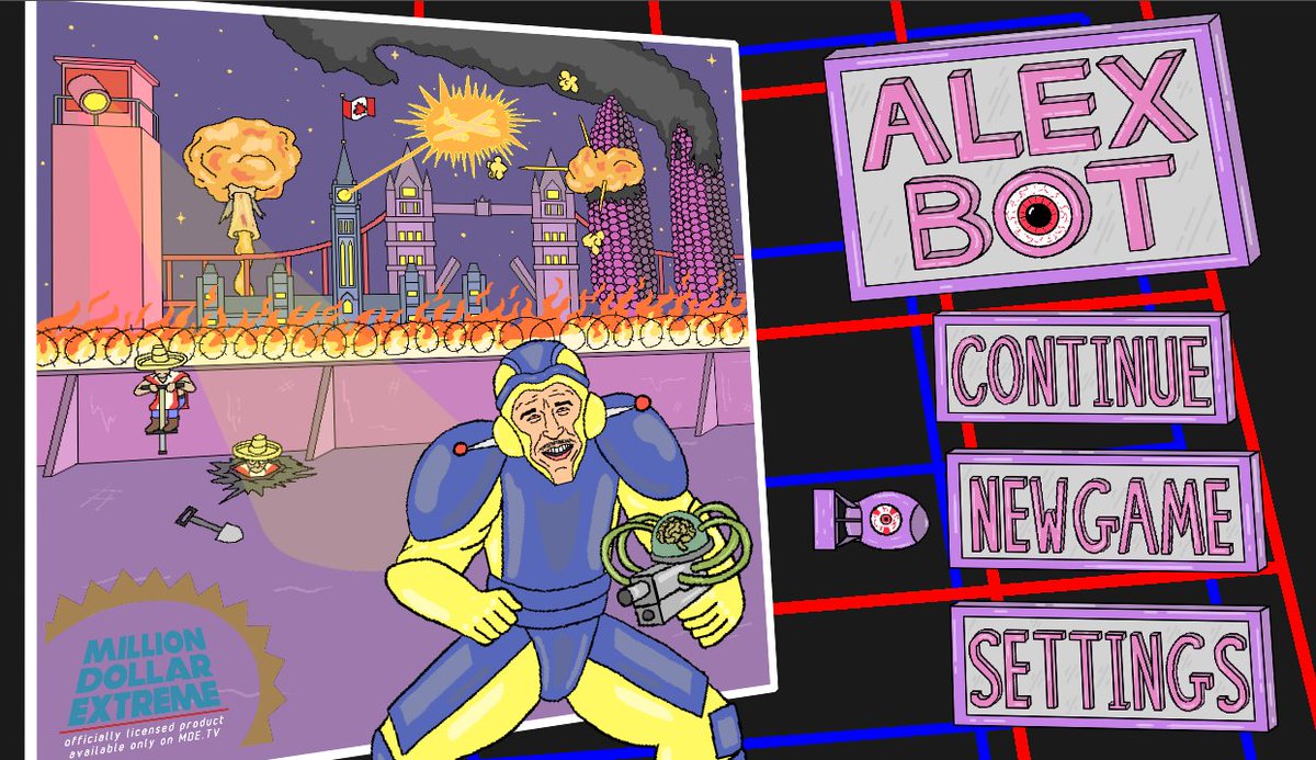 Alex-Bot: The Game

Finally out!

now available on mde.tv/games

Had the pleasure of drawing all the assets seen here (with exception to moving lines in bg and MDE stamp)

Game is super fun, hope you guys enjoy!