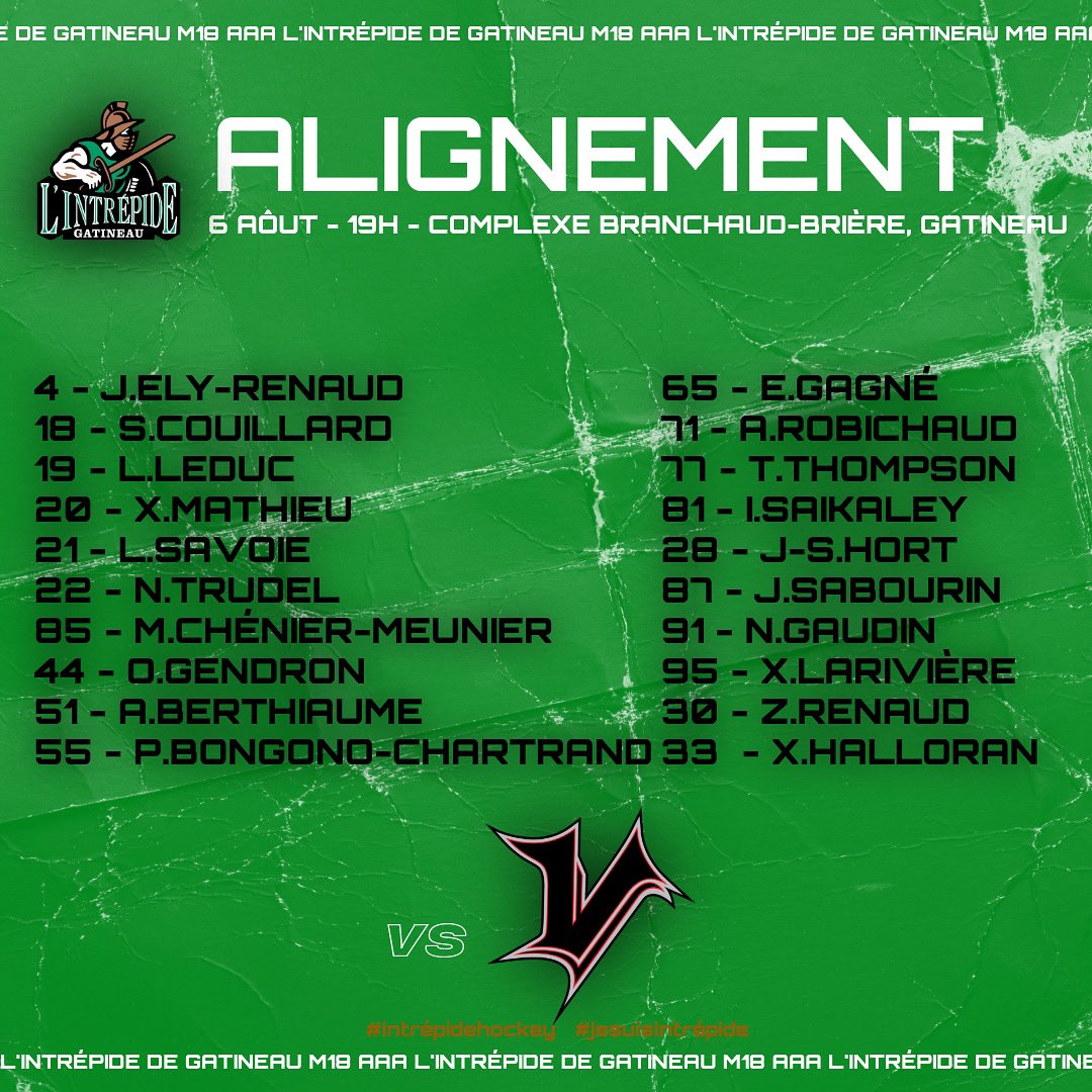 𝗔𝗟𝗜𝗚𝗡𝗘𝗠𝗘𝗡𝗧 📋

Voici notre alignement pour le match pré-saison de ce soir contre les Vikings ⚔️

#hockeyintrepide🔰 #jesuisintrépide🔰