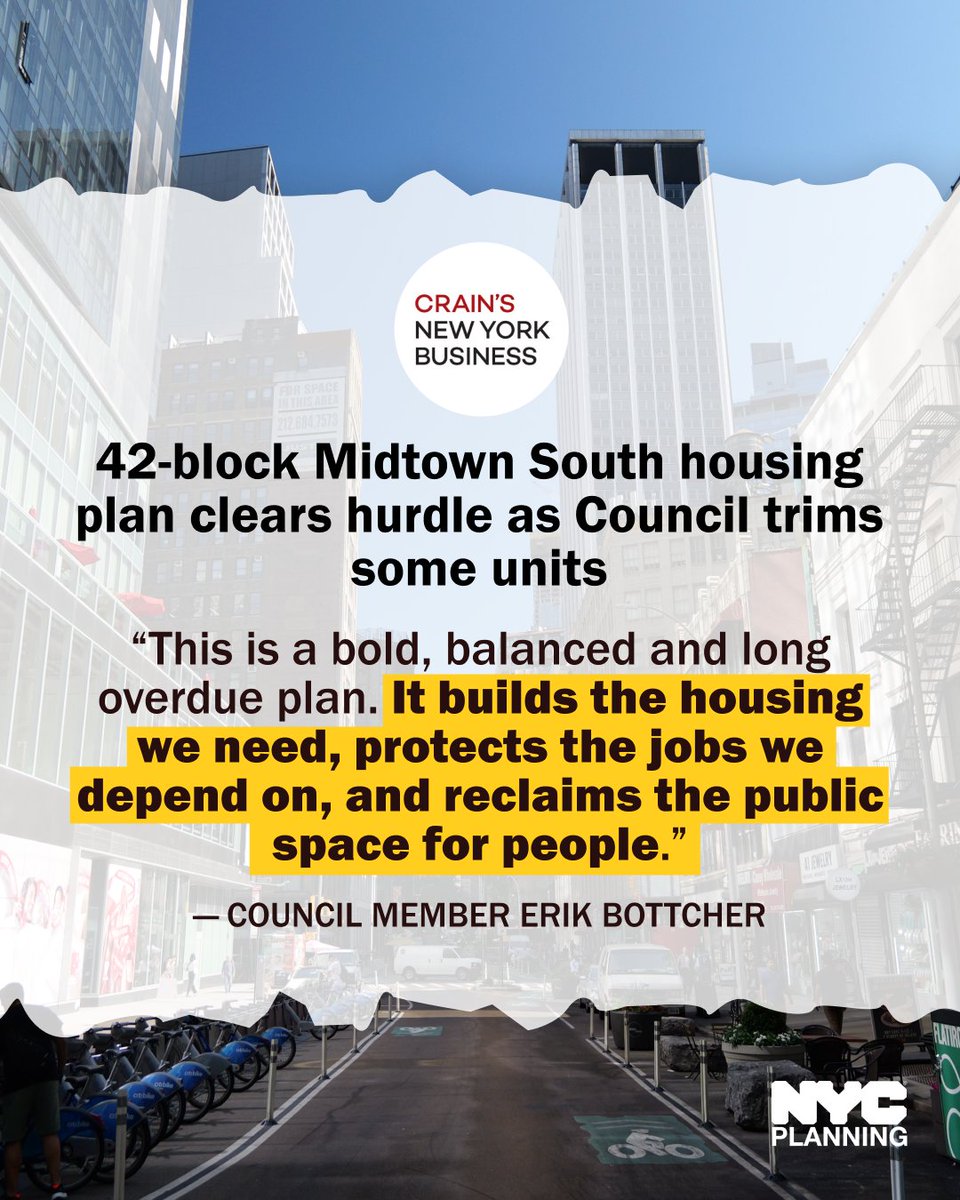 We’re taking bold action to tackle NYC’s housing crisis in the heart of Manhattan!

After @nyccouncil’s Zoning and Land Use Committees voted in favor of the Midtown South Mixed-Use Plan, the plan now heads to the full City Council for a final vote.

Let’s get it done!