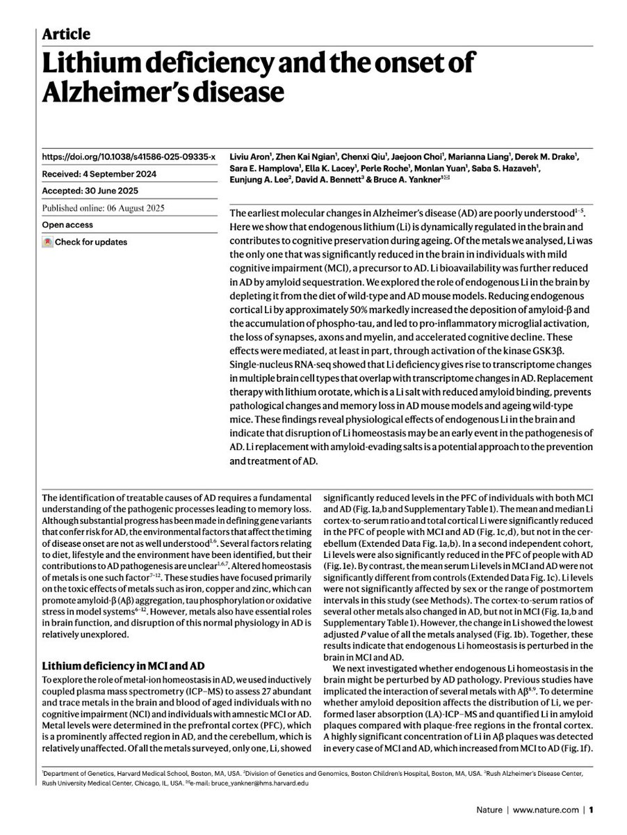 Gorka Orive (@gorka_orive) on Twitter photo La deficiencia de litio sería una posible causa del alzhéimer, según sugiere un crucial estudio que proporciona una nueva teoría de la enfermedad y una novedosa estrategia para su tratamiento experimental (todavía en animales)
file:///Users/gorka/Downloads/s41586-025-09335-x.pdf La deficiencia de litio sería una posible causa del alzhéimer, según sugiere un crucial estudio que proporciona una nueva teoría de la enfermedad y una novedosa estrategia para su tratamiento experimental (todavía en animales)
file:///Users/gorka/Downloads/s41586-025-09335-x.pdf