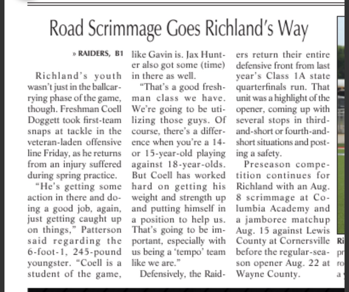 Coell Doggett (@coelldogg) on Twitter photo Appreciate the shout out from our local paper, <a href="/PCSportspage/">Pulaski Citizen Sports/Pulaski Citizen Live</a> and <a href="/RichlandHC/">Nick patterson 🏈</a>.
Honored to be working alongside our veterans and all the other great guys- and we’ll keep working! Lots of talent- even more motivation. <a href="/RaiderRichland/">Richland Football</a>
<a href="/GavinShrad39258/">Gavin shrader</a> <a href="/Jaxon_hunter11/">Jaxon Hunter</a> Appreciate the shout out from our local paper, <a href="/PCSportspage/">Pulaski Citizen Sports/Pulaski Citizen Live</a> and <a href="/RichlandHC/">Nick patterson 🏈</a>.
Honored to be working alongside our veterans and all the other great guys- and we’ll keep working! Lots of talent- even more motivation. <a href="/RaiderRichland/">Richland Football</a>
<a href="/GavinShrad39258/">Gavin shrader</a> <a href="/Jaxon_hunter11/">Jaxon Hunter</a>