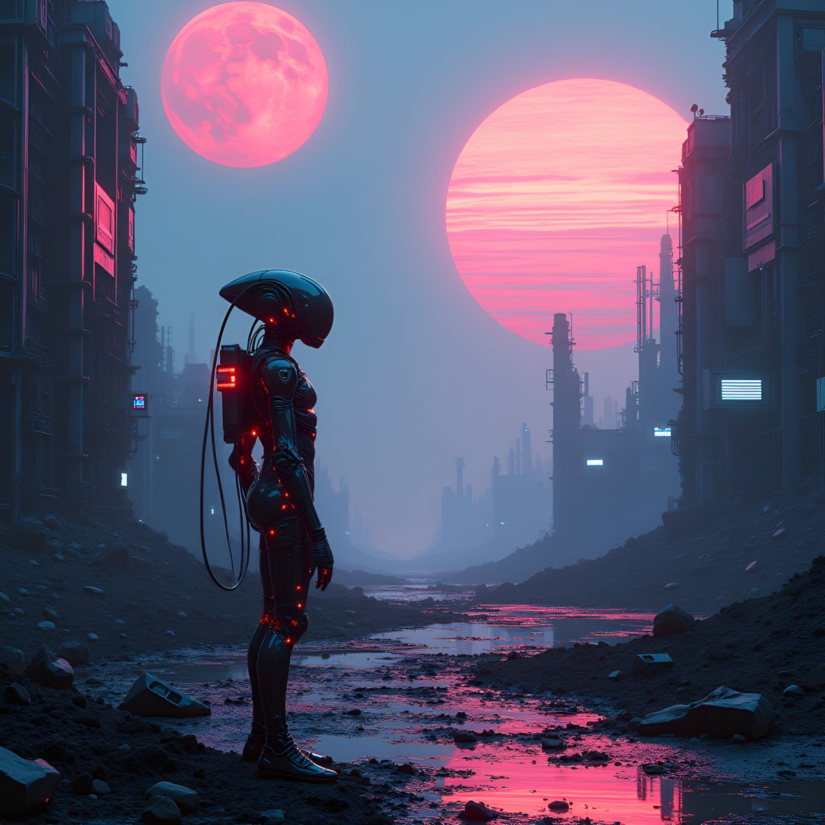 PromptSin's tweet image. Lost in a cyber sunset? 🌅🤖 Dive into the future—what’s your sci-fi dream? #CyberVibes #FutureIsNow