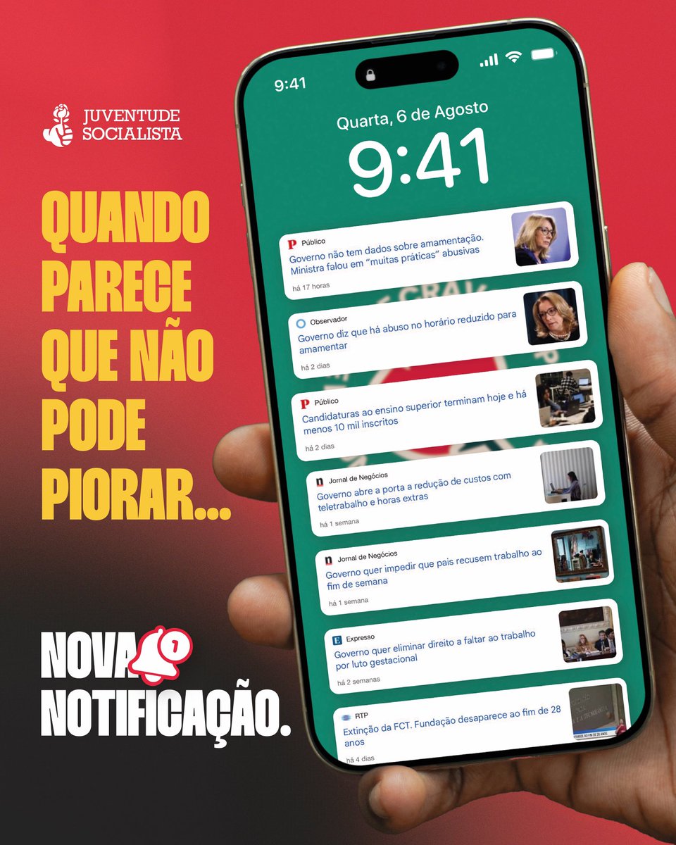 Dia após dia, o país afunda-se em más notícias.
Cortes nos direitos, desprezo pelas famílias, cedências ao patronato, desmantelamento da educação e da ciência.
Diziam: “Deixem o Luís trabalhar.”
Mas cada notificação responde por si:
Ele não trabalha por ti. Não trabalha para ti.