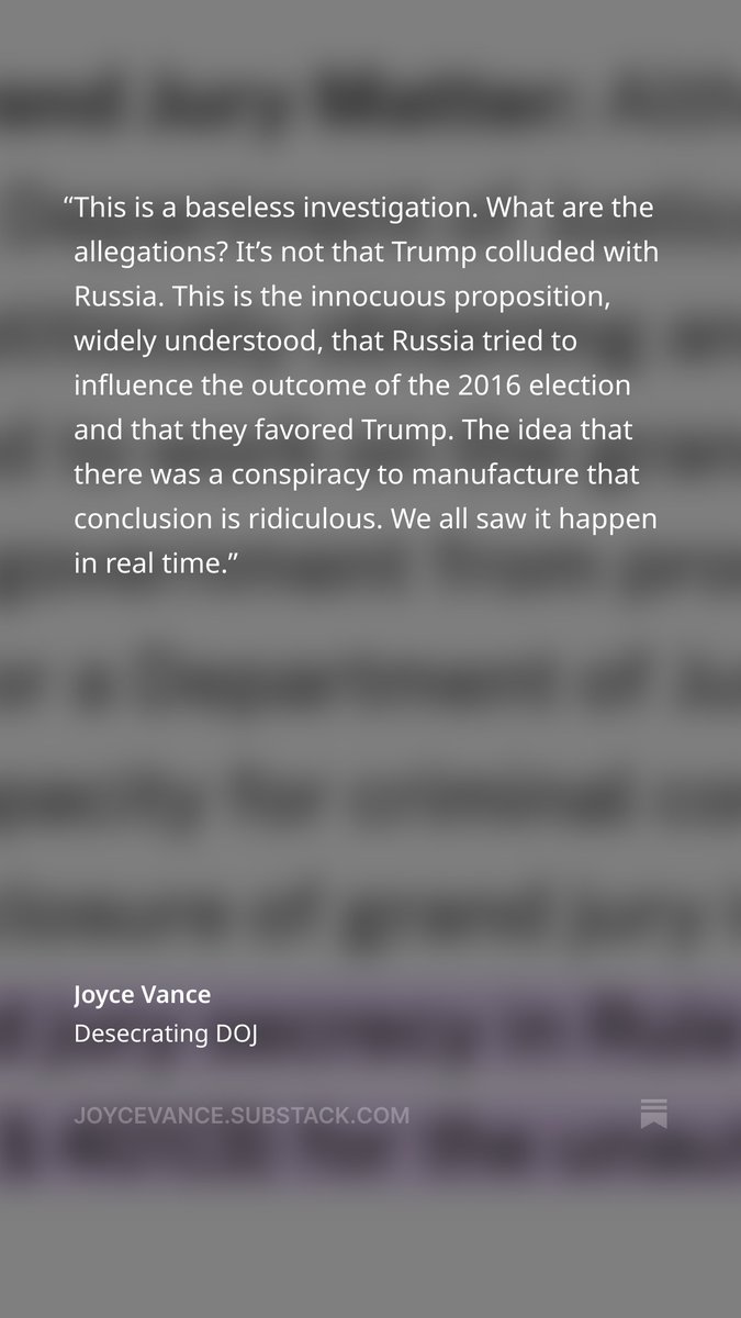 Desecrating DOJ
by <a href="/JoyceWhiteVance/">Joyce Alene</a> open.substack.com/pub/joycevance… 
"It is a serious moment, but Trump’s takeover of the Justice Department is not inevitable. Understanding what an investigation should look like and precisely how dangerous this one is puts us on the path to effective