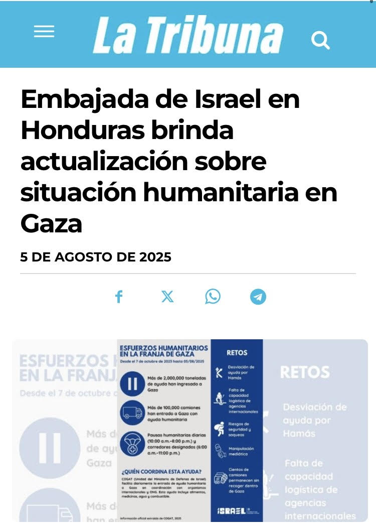 La Embajada de Israel en Honduras ofrece una nueva actualización sobre la situación humanitaria en Gaza.
¿Quién impide realmente la distribución de ayuda?
Lee el comunicado completo aquí 👉 latribuna.hn/2025/08/05/emb…