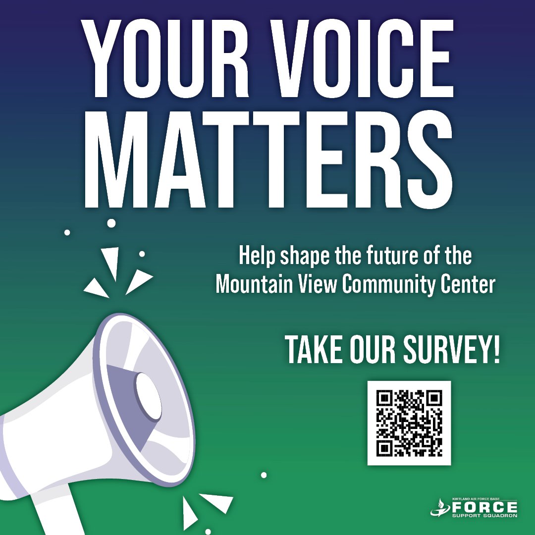 📣 Let’s build something great together, #TeamKirtland!

Your feedback helps shape the future of the Mountain View Community Center

Share your thoughts in our quick survey 👇 surveymonkey.com/r/RV8SLQX 
OR scan the QR code!

#377FSS #KirtlandForceSupport