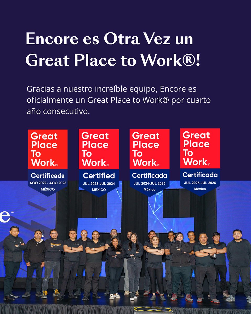 ¡Encore México es oficialmente un Great Place to Work®️!

Estamos orgullosos de ser uno de los 13 países reconocidos en Encore este año. Este reconocimiento refleja la pasión, el trabajo en equipo y la hospitalidad.

#GreatPlacetoWork #EncoreMexico #TeamEncore #EncoreProud
