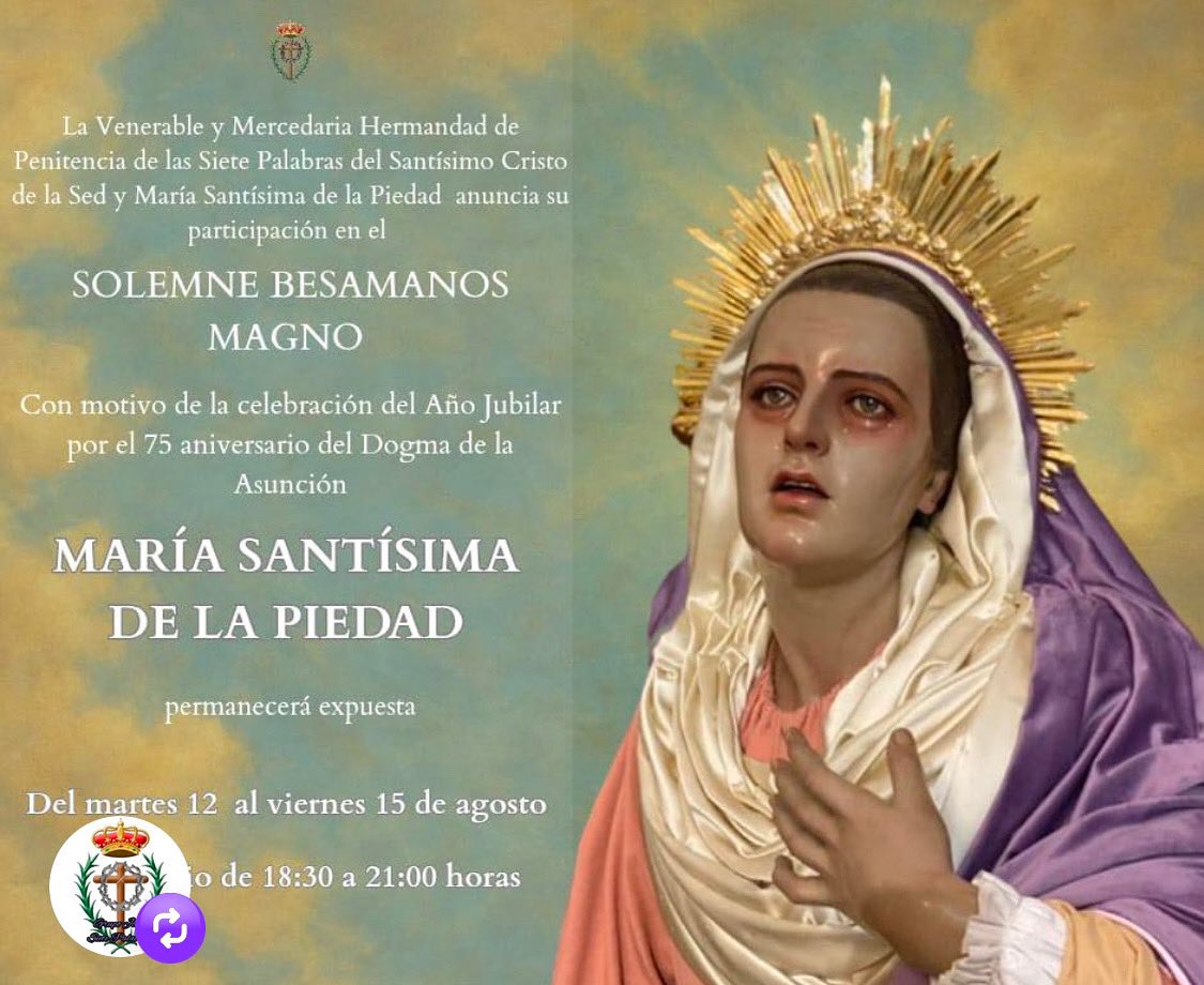 🟣La Virgen de la Piedad de @sietepalabrascadiz participará en el Besamanos Magno en la Iglesia de la Merced