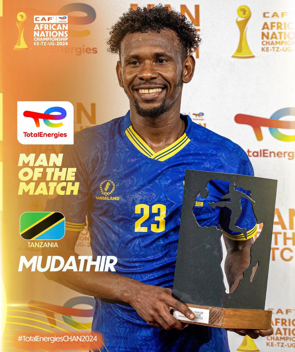 CAF_Online's tweet image. A big performance from Mudathiri Yahya earns him the TotalEnergies Man of the Match award! 🇹🇿👏

@Football2Gether | #TotalEnergiesCHAN2024