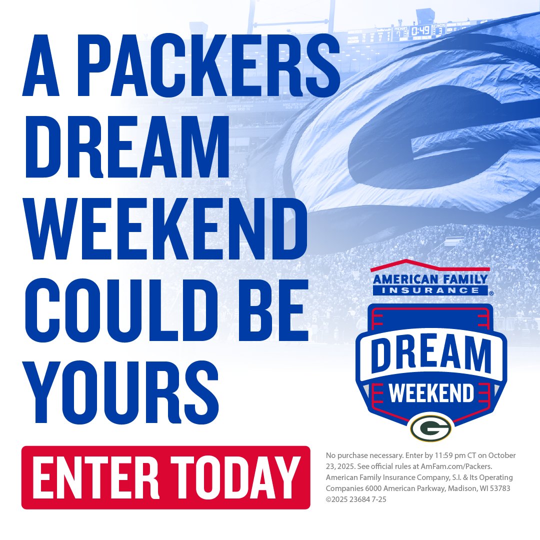 packers's tweet image. .@AmFam’s Dream Weekend Sweepstakes are back!

Enter today for your chance to win six tickets to the Packers vs. Eagles game, an exclusive pregame tailgate, signed merchandise and more! Enter today at AmFam.com/Packers