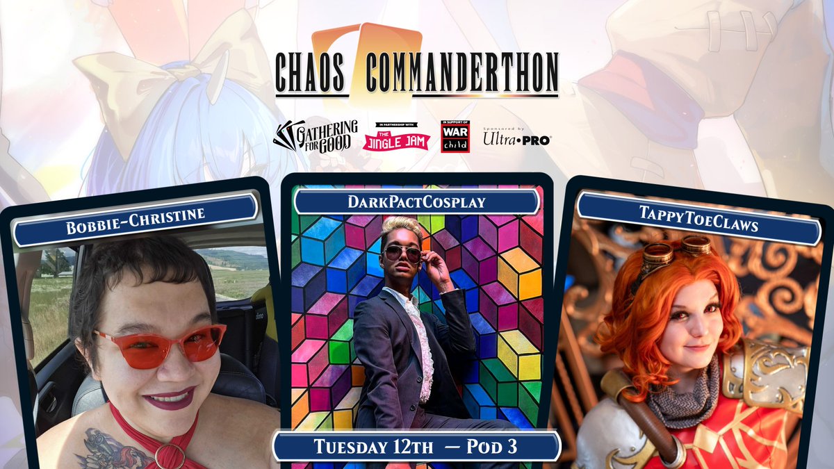 <a href="/ashleybits/">AshleyBits</a> <a href="/InfiniTokens/">InfiniTokens Dry Erase Tokens 🟦☁️</a> <a href="/Bramhill/">Peter Bramhill</a> <a href="/WarChildUK/">War Child UK</a> <a href="/Kiwion/">Kiwo</a> <a href="/dexbonus/">doogs the mushcat | Debut Aug 24!🍄🐱</a> <a href="/ProfNoctis/">ProfNoctis 🏝️ Summer Break 😎</a> <a href="/GoddessOfblundR/">Emmara, GoddessofblundR🔜 @MagicConVegas</a> <a href="/SageGnosis/">Amanda Stevens</a> <a href="/ANGRYGREENMTG/">Angry Green Jellybean</a> <a href="/godigumdrop/">Chronomagistrate, Cylon Horror</a> <a href="/manasplaining/">Manasplaining</a> <a href="/wizards_magic/">Magic: The Gathering</a> The most out of pocket pod is back when <a href="/BobbieChristxne/">⚘Bobbie-Christine Brewer ⚘</a>, <a href="/DarkPactCosplay/">Dark Pact, Envoy of Cabbages</a> &amp; <a href="/TappyToeClaws/">Taps (Infinite Hiatus - Follow on 🦋💙)</a> return for charity! Bringing the chaos.

Be sure to catch them Tuesday 12th August at the following times:

PST: 4PM - 7PM
EST: 7PM - 10PM
BST: 12AM - 3AM