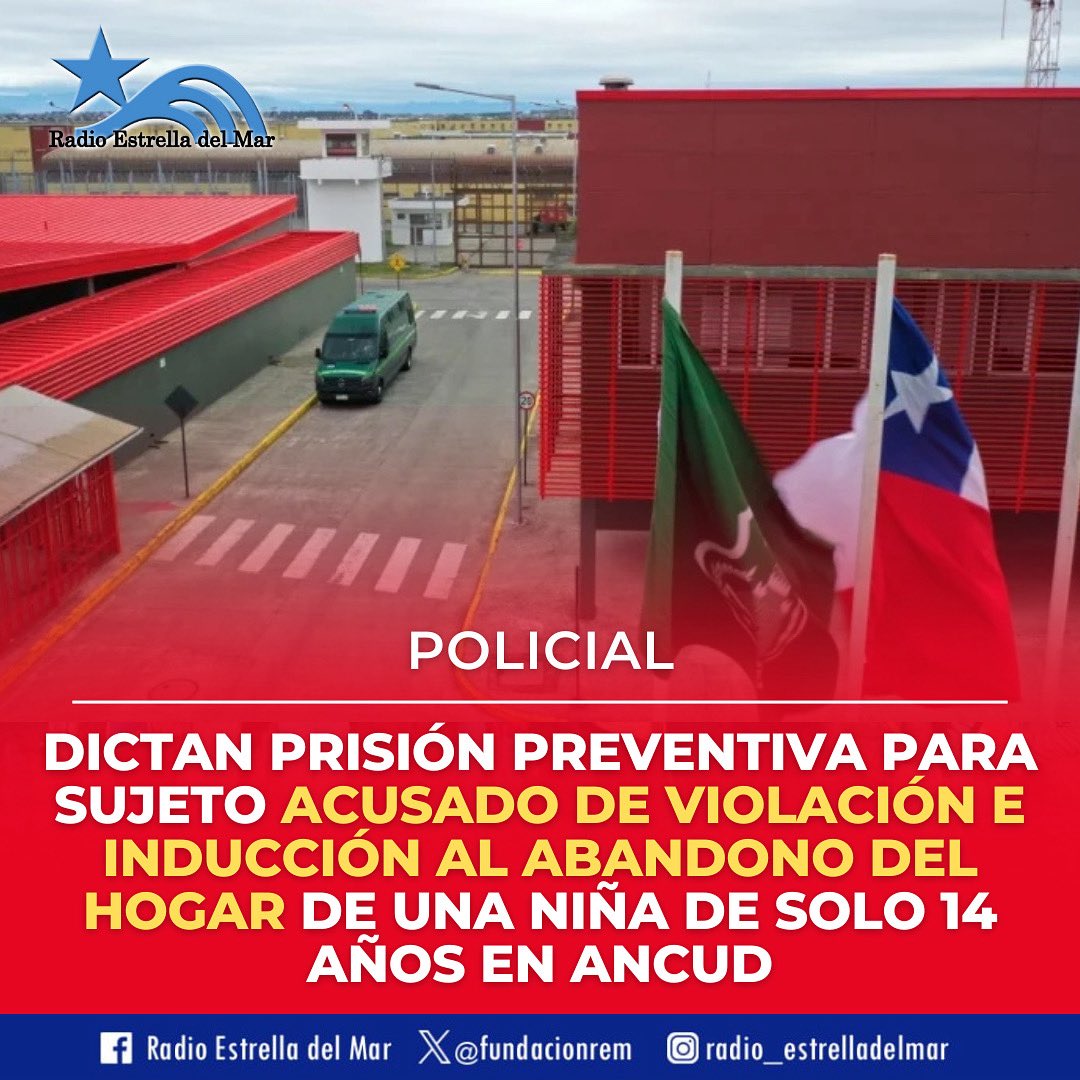 🚨| POLICIAL - En Castro, la medida de prisión preventiva impuso el Juzgado de Garantía para un sujeto que fue detenido por Carabineros y quien había sido denunciado por los graves delitos de inducción a una menor de edad para el abandono del hogar y violación a menor de 14 años