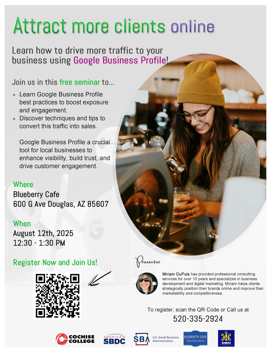 SBDCSV's tweet image. 📣 Free Seminar! Learn how to grow your business using Google Business Profile.
🗓️ Aug 12 | ⏰ 12:30–1:30 PM
📍 Blueberry Café, Douglas, AZ
✅ Tips to increase visibility + sales
📞 520-335-2924
Register Here: clients.arizonasbdc.com/workshop.aspx?…
#SmallBiz #GoogleProfile #DouglasAZ #SBDC