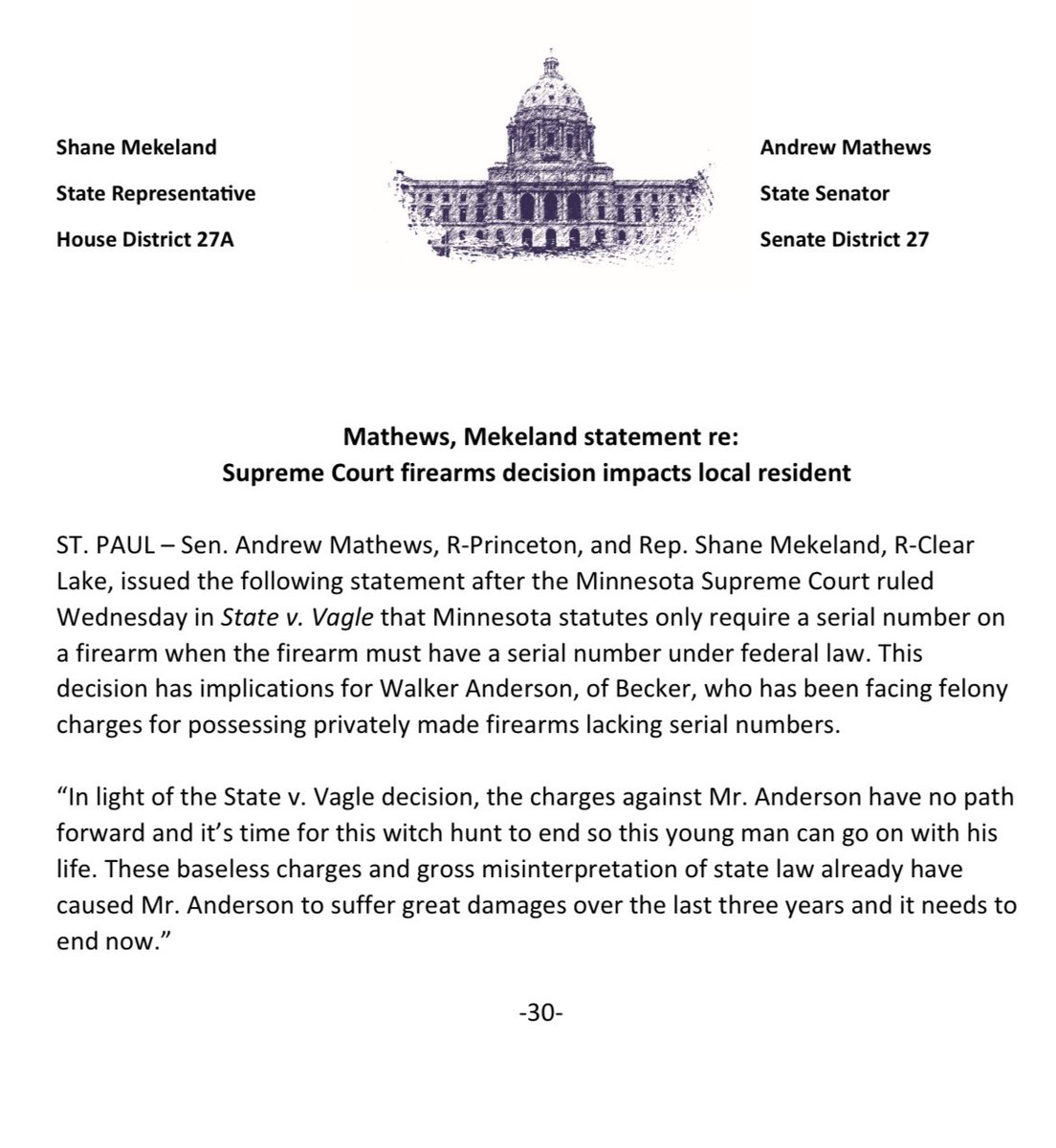 Sen. Andrew Mathews (@andrewmathewsmn) on Twitter photo Statement from <a href="/ShaneMekeland/">Shane Mekeland</a> and I regarding the positive ruling in State v. Vagle from the Minnesota Supreme Court this morning. Statement from <a href="/ShaneMekeland/">Shane Mekeland</a> and I regarding the positive ruling in State v. Vagle from the Minnesota Supreme Court this morning.