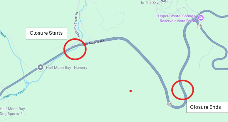 Caltrans District 4 (@caltransd4) on Twitter photo 🚧 Lane Closure on SR-92 East of Half Moon Bay 🚧
Caltrans will close the eastbound right lane near Pilarcitos Creek Rd (Santa’s Tree Farm) from Monday, Aug. 11 at 9 AM to Friday, Aug. 15 at 9 PM for culvert, paving, and safety improvements.
⚠️ Expect short delays <a href="/CityofHMB/">City of HMB</a> 🚧 Lane Closure on SR-92 East of Half Moon Bay 🚧
Caltrans will close the eastbound right lane near Pilarcitos Creek Rd (Santa’s Tree Farm) from Monday, Aug. 11 at 9 AM to Friday, Aug. 15 at 9 PM for culvert, paving, and safety improvements.
⚠️ Expect short delays <a href="/CityofHMB/">City of HMB</a>