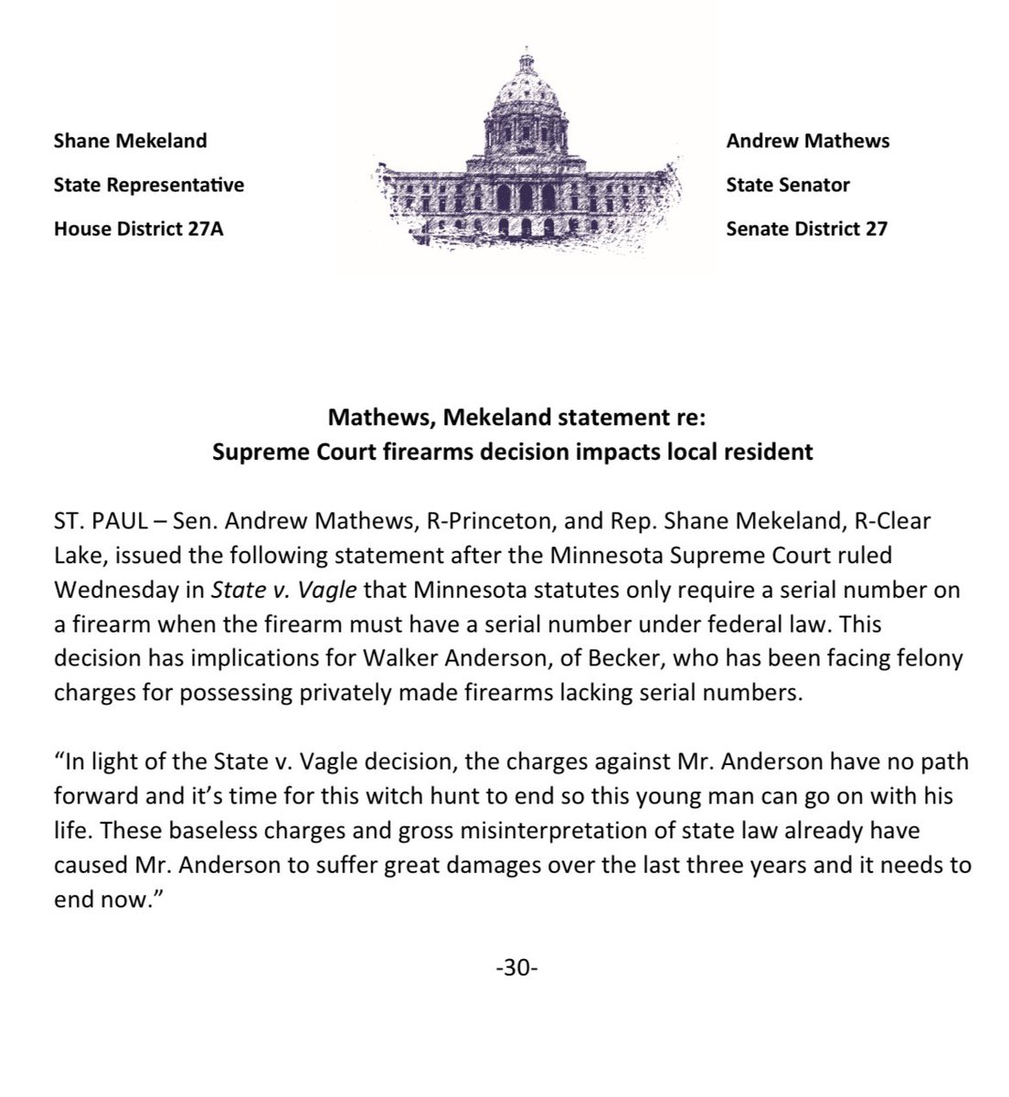 Shane Mekeland (@shanemekeland) on Twitter photo Statement from <a href="/AndrewMathewsMN/">Sen. Andrew Mathews</a> and myself regarding the MN Supreme Court decision released today. Statement from <a href="/AndrewMathewsMN/">Sen. Andrew Mathews</a> and myself regarding the MN Supreme Court decision released today.