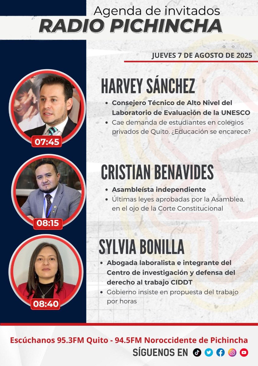 📌 #Agéndalo || Este jueves 7 de agosto sigue las entrevistas de 🎙#PuntoNoticias primera emisión:
🗣 07h45: <a href="/HarveyEvalua/">Harvey</a>
🗣 08h15: Cristian Benavides
🗣 08h40: <a href="/sylviabonillab/">sylvia bonilla bolaños ☭</a>
Por la 📻 95.3FM - 94.5 FM al noroccidente de Pichincha y 📲💻 transmisión en vivo por redes sociales.