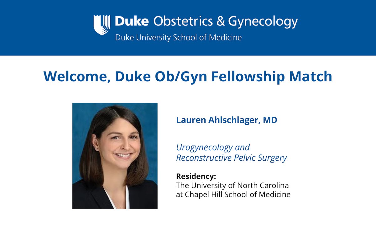 Duke Ob/Gyn (@dukeobgyn) on Twitter photo Congratulations to our newest fellowship match in the subspecialty of Urogynecology and Reproductive Pelvic Surgery! We look forward to welcoming you to <a href="/DukeMedSchool/">Duke University School of Medicine</a> next year! Congratulations to our newest fellowship match in the subspecialty of Urogynecology and Reproductive Pelvic Surgery! We look forward to welcoming you to <a href="/DukeMedSchool/">Duke University School of Medicine</a> next year!