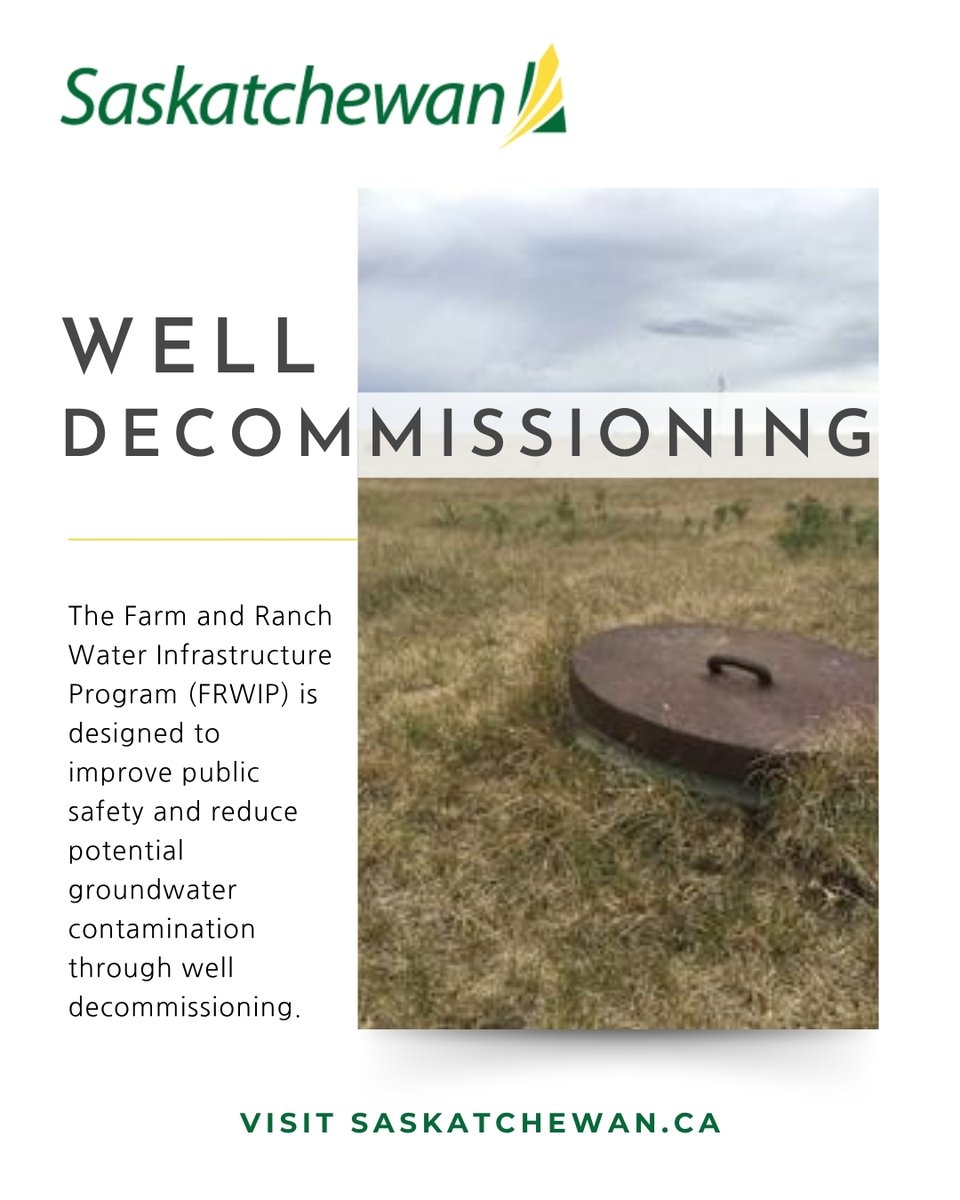 Funding Available: Well Decommissioning Projects!  
Saskatchewan producers can receive up to 90% of eligible costs (max $10,000 per project) to safely decommission abandoned or unused wells through the Farm &amp; Ranch Water Infrastructure Program (#FRWIP).  
saskatchewan.ca/FRWIP-well-dec…