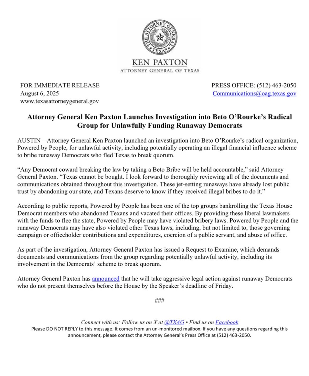 BREAKING Texas AG Ken Paxton: "I just launched an investigation into Beto O'Rourke's radical group for UNLAWFULLY funding runaway Democrats."