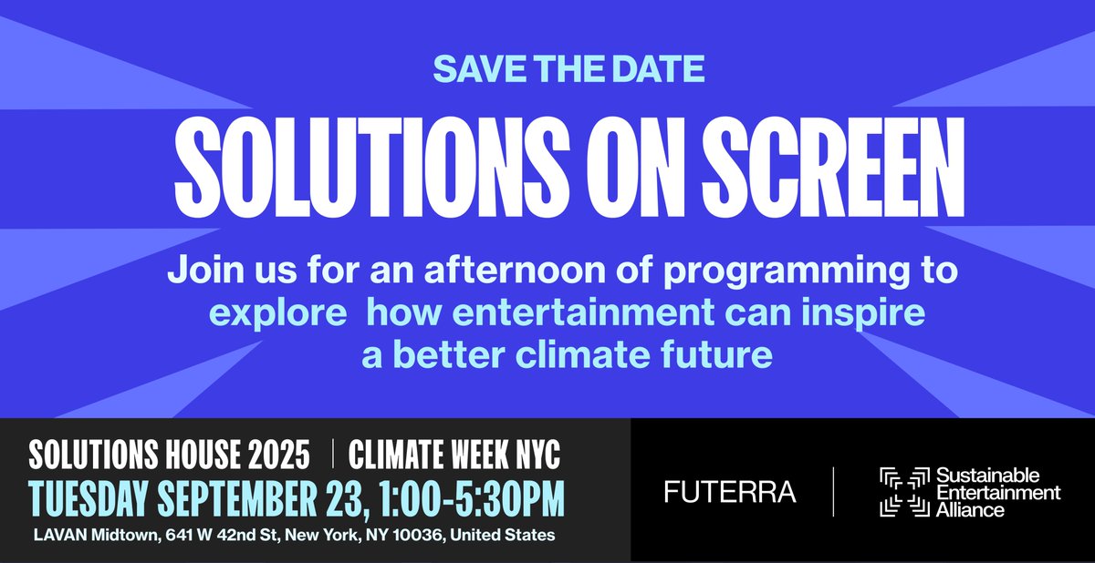 Save the date! <a href="/futerra/">futerra</a>  Solutions House and S.E.A. are returning to Climate Week NYC on Tuesday, September 23rd, for an inspiring afternoon of vibrant programming at the intersection of storytelling and sustainability.

Sign up for updates: bit.ly/3UgMmtX
