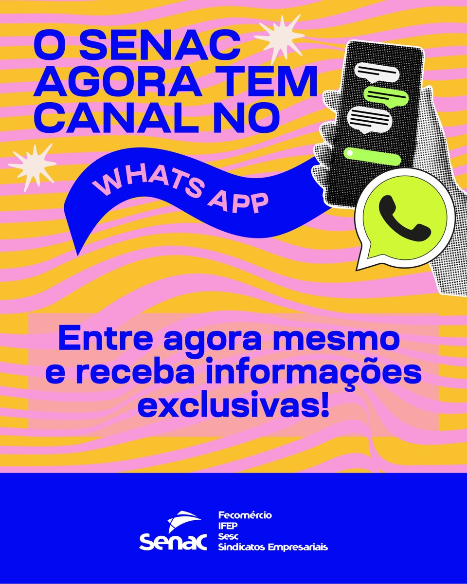 Agora o Senac tem um canal no WhatsApp! Por lá, você recebe infos sobre cursos, dicas de carreira, eventos, atividades gratuitas, novidades e até uns spoilers do que vem por aí. 👀📲

Quer entrar? Clica no link: bit.ly/3UPWWIw

#CanalNoWhats #SenacRS #FazerSenacMudaTudo