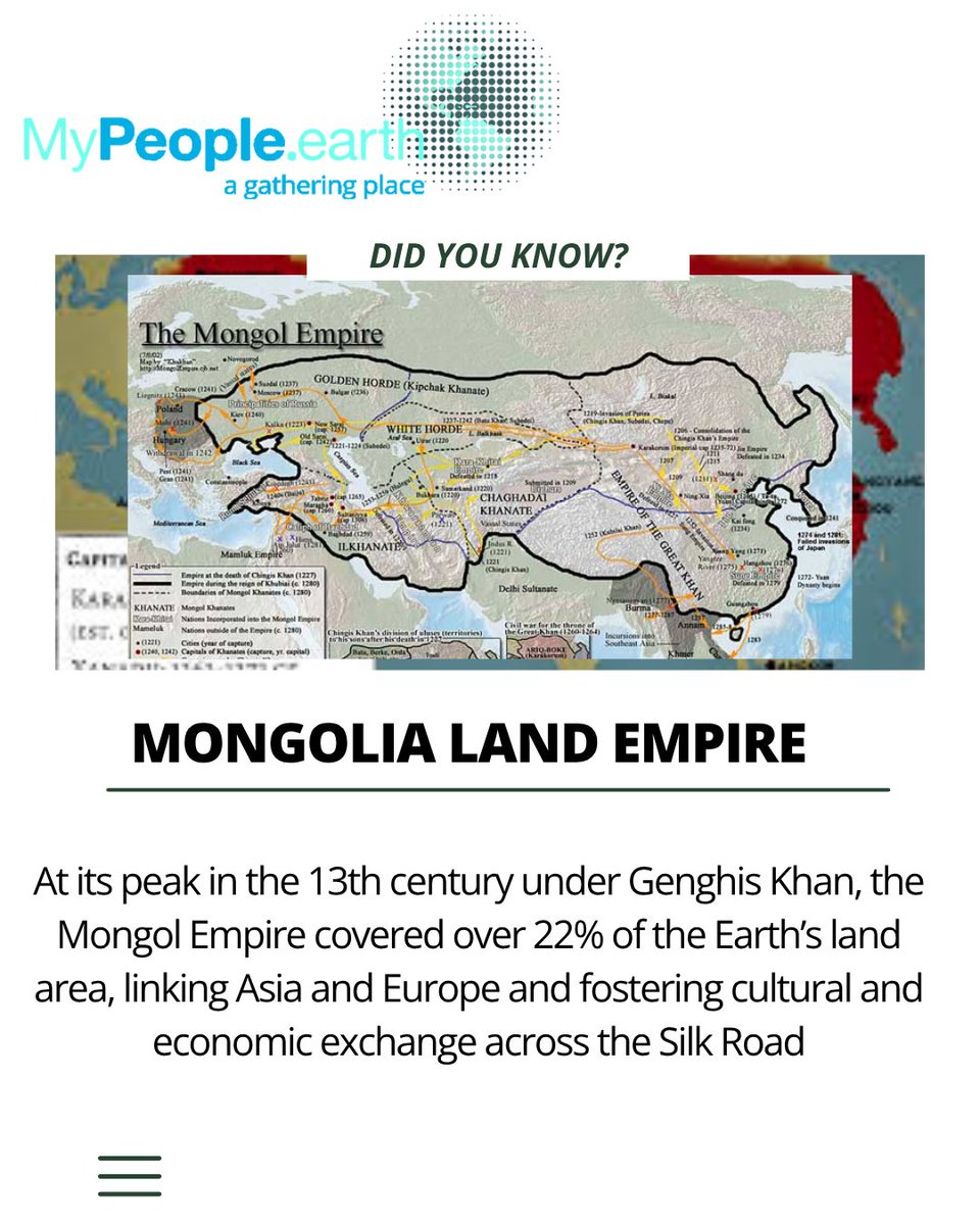 MyPeopleEarth's tweet image. The Mongol Empire once stretched across 22% of the Earth's landmass, impacting trade, culture, and history across continents.
📷 Apple: apps.apple.com/app/id65047619…
📷 Android: play.google.com/store/apps/det…
#HistoryFunFact #Mongolia #MyPeopleEarth