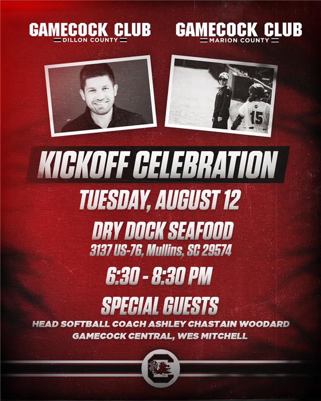 Annual Marion-Dillon <a href="/TheGamecockClub/">The Gamecock Club</a>
Kickoff Celebration at the Dry Dock on August 12th. Come on out to hear <a href="/WesMitchellGC/">Wes Mitchell</a> and Coach <a href="/ashleychastain/">Ashley Chastain Woodard</a> #GoCocks