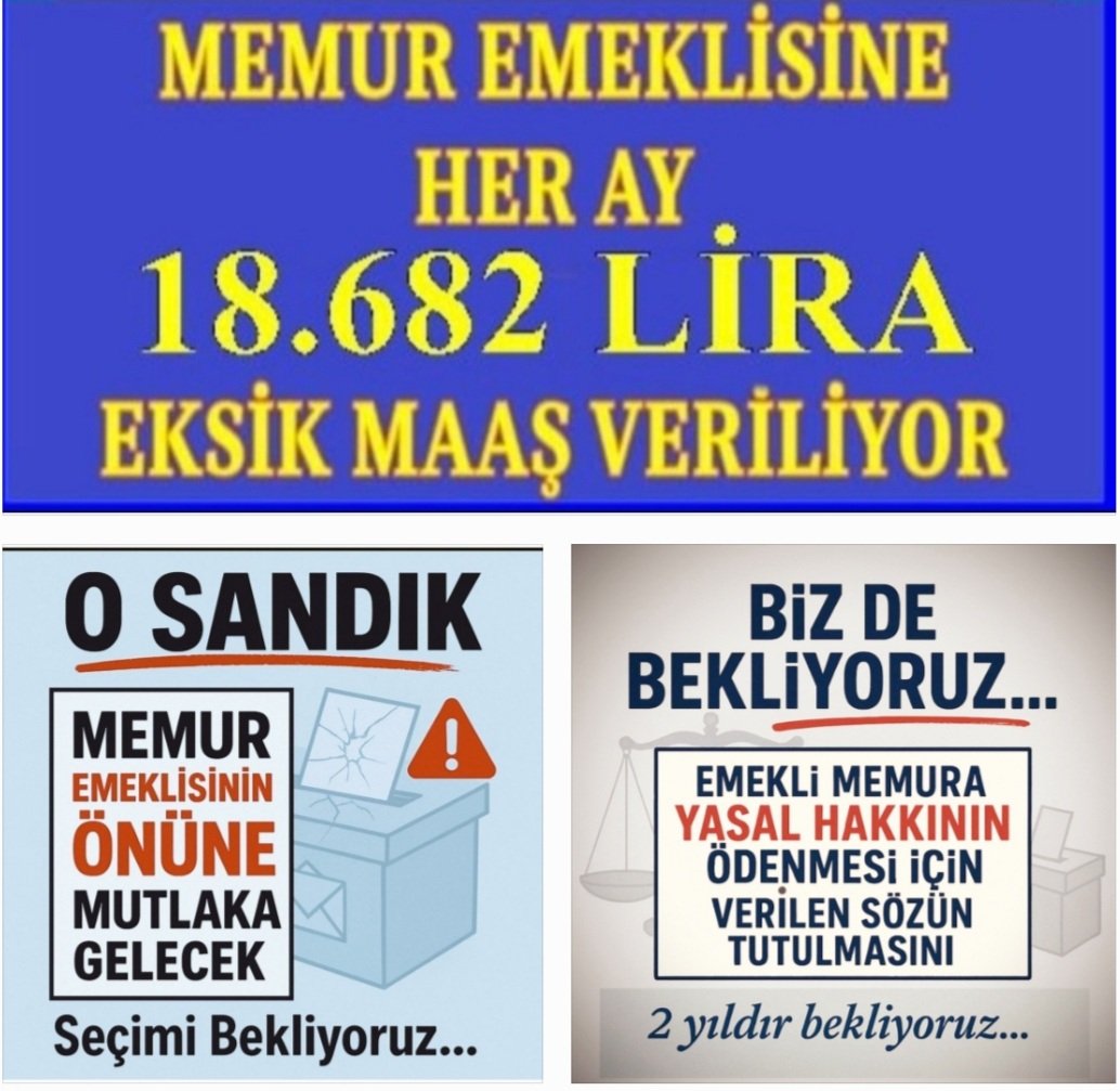 Gülsüm Gülmez (@gulmez_gul31294) on Twitter photo Memura verilen seyyanen zammın #EmekliMemur a yansıtılmaması, kanuna karşı hile olup, hakkaniyet ve adalet anlayışına da aykırıdır
#MemurEmeklisineAdalet için
Seyyanen zam, kök maaşlara
yansıtılmalıdır
<a href="/RTErdogan/">Recep Tayyip Erdoğan</a> <a href="/isikhanvedat/">Prof. Dr. Vedat Işıkhan</a>
<a href="/MemurSenKonf/">Memur-Sen</a> <a href="/_aliyalcin_/">Ali YALÇIN</a> <a href="/Kamu_Sen/">Türkiye Kamu-Sen</a>
<a href="/OnderKahveci/">Önder Kahveci</a> Memura verilen seyyanen zammın #EmekliMemur a yansıtılmaması, kanuna karşı hile olup, hakkaniyet ve adalet anlayışına da aykırıdır
#MemurEmeklisineAdalet için
Seyyanen zam, kök maaşlara
yansıtılmalıdır
<a href="/RTErdogan/">Recep Tayyip Erdoğan</a> <a href="/isikhanvedat/">Prof. Dr. Vedat Işıkhan</a>
<a href="/MemurSenKonf/">Memur-Sen</a> <a href="/_aliyalcin_/">Ali YALÇIN</a> <a href="/Kamu_Sen/">Türkiye Kamu-Sen</a>
<a href="/OnderKahveci/">Önder Kahveci</a>