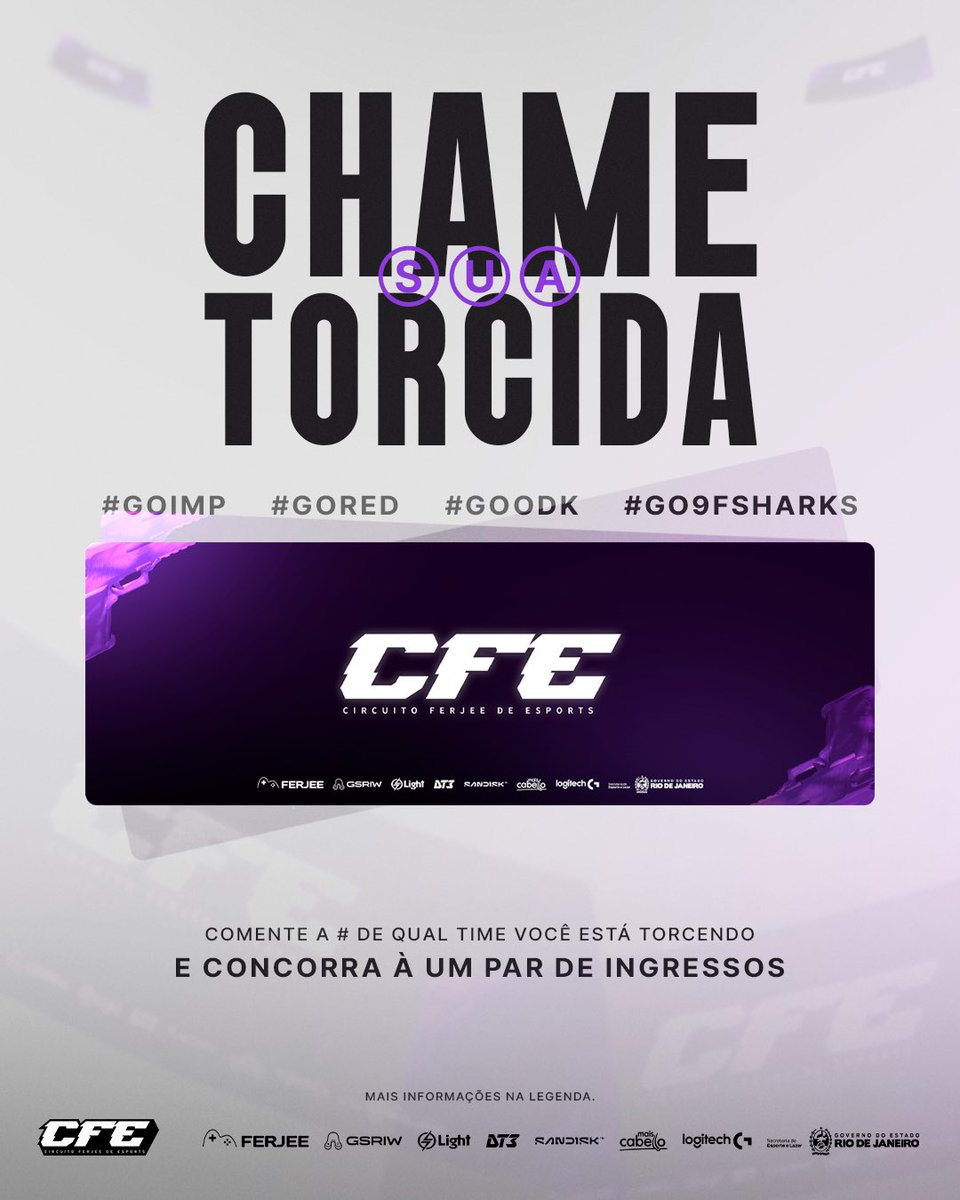 ferjeeoficial's tweet photo. 🎟️ SORTEIO DE INGRESSOS 🎟️ 

ASSISTA A FINAL DO MAIOR CAMPEONATO DE CS2 DO BRASIL NA RIO INNOVATION WEEK! 

Para participar é simples:
* Seguir a @ferjeeoficial
* Dar RT no post 
•  Comentar a # da sua torcida (#GoODK / #GoIMP / #GoRED   / #Go9FSharks)

Resultado sai dia 8! https://t.co/1ctguh9NDn