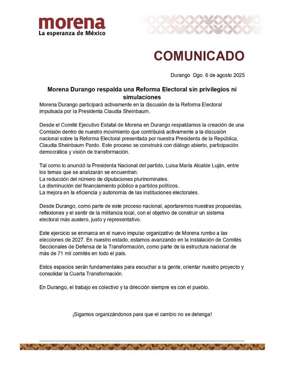 Eduardo Serrano (@laloserranoz) on Twitter photo #LaserInformativo
#Durango|| MORENA Durango respalda una Reforma Electoral sin privilegios ni simulaciones: <a href="/GarciaGaray_L/">Lulú García</a>
Mediante un comunicado publicado en las redes oficiales del Comité Ejecutivo Estatal de <a href="/DurangoMorena/">Partido Morena Durango</a>, su presidenta estatal, Lulú García Garay, #LaserInformativo
#Durango|| MORENA Durango respalda una Reforma Electoral sin privilegios ni simulaciones: <a href="/GarciaGaray_L/">Lulú García</a>
Mediante un comunicado publicado en las redes oficiales del Comité Ejecutivo Estatal de <a href="/DurangoMorena/">Partido Morena Durango</a>, su presidenta estatal, Lulú García Garay,