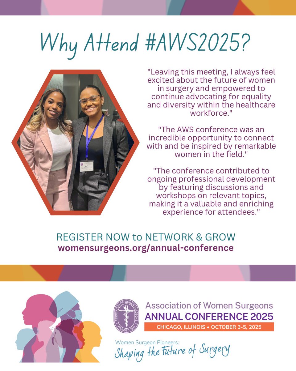 Why attend #AWS2025 in Chicago this fall? 

💜Grow Professionally
💜Gain Inspiration
💜Build Community

Join us October 3–4, 2025 for a powerful weekend with women surgeons from all career stages and subspecialties.

🔗 Register now: womensurgeons.org/annual-confere…