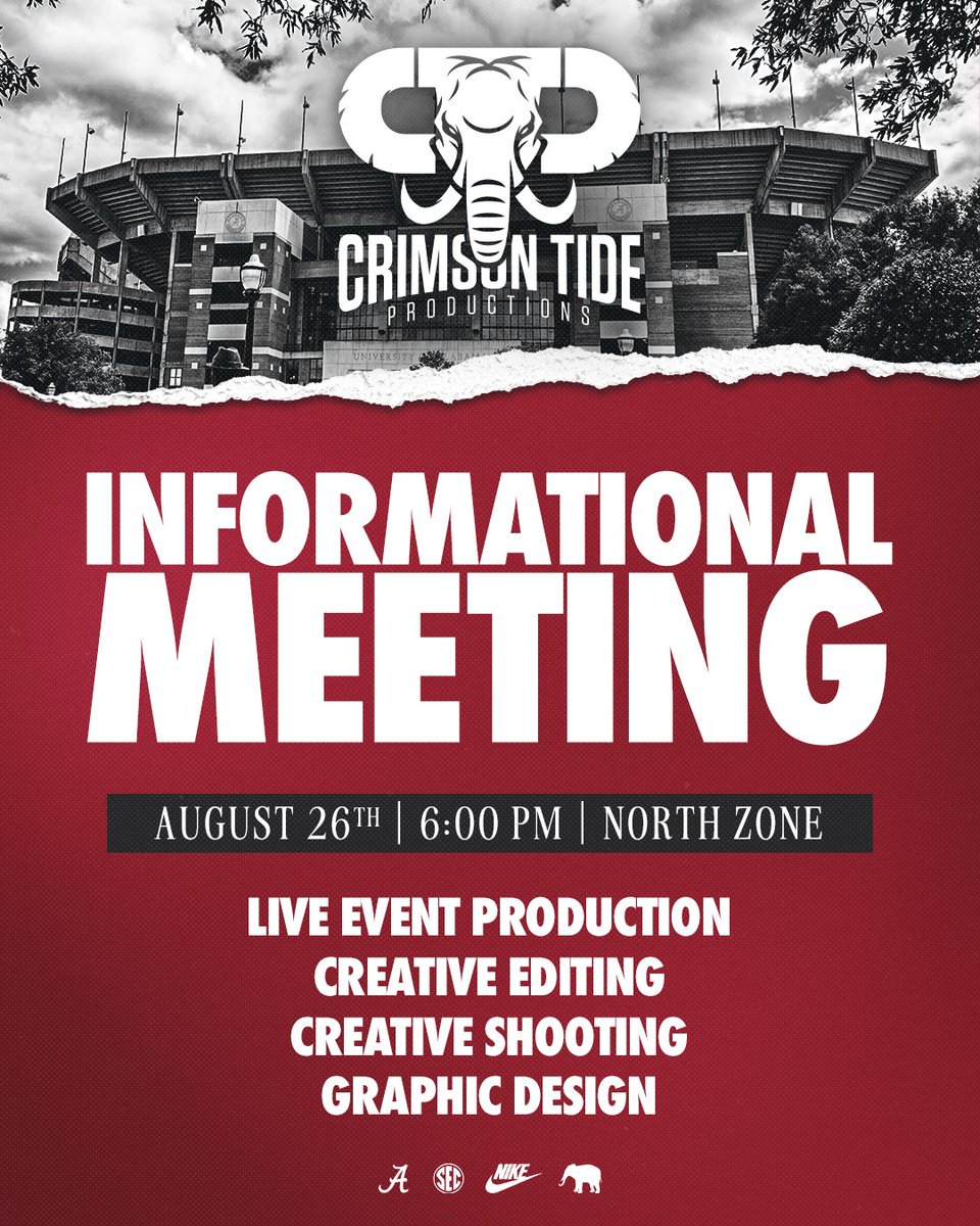 📢 Calling all students

Come hear all about CTP at our Informational Meeting on August 26th at 6PM.

Meet at Gate 61 outside of The Digital Media Center at Bryant-Denny Stadium. 🐘🎥

#Rolltide | #BuiltbyCTP